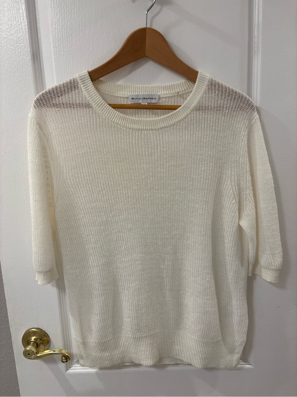 White + Warren Linen Ribbed Tee Short-Sleeve Crewneck Knit Top Sweater